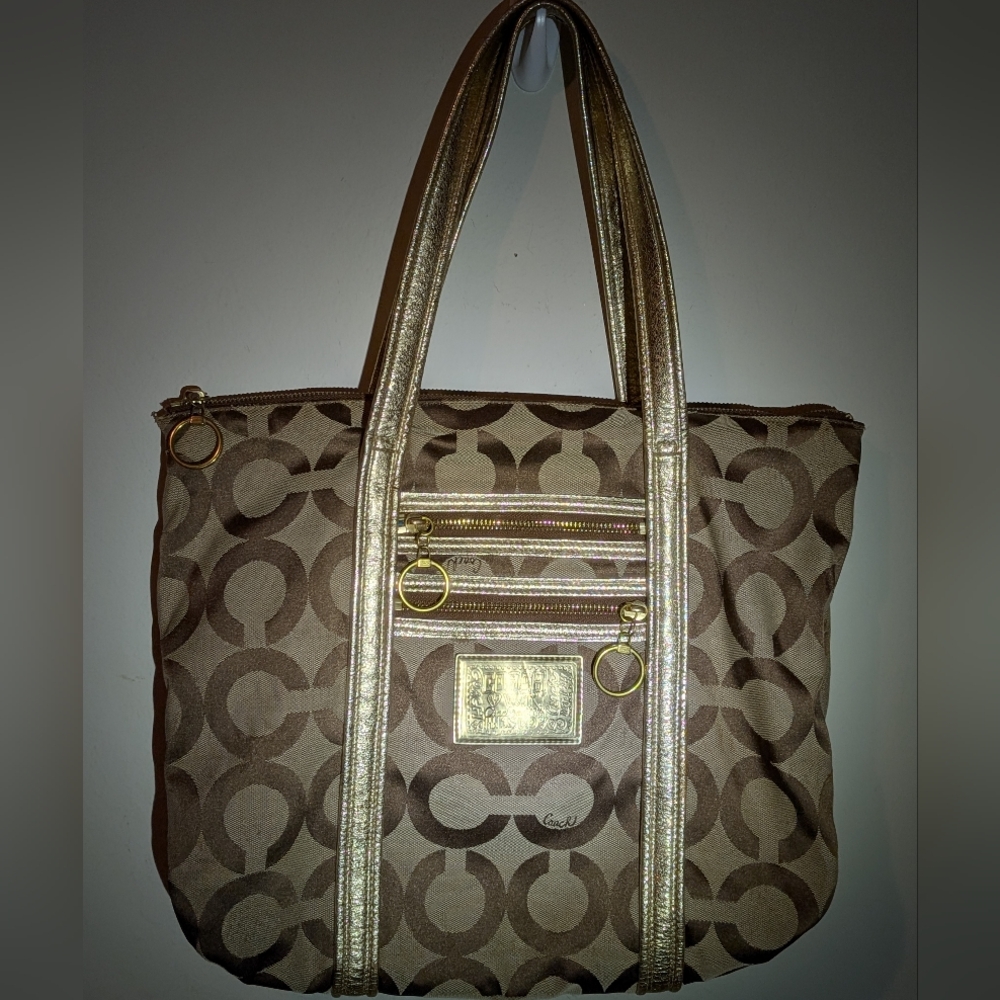 Coach Gold And Tan Poppy Shoulder Bag With Beautiful Turquoise Satin Interior
